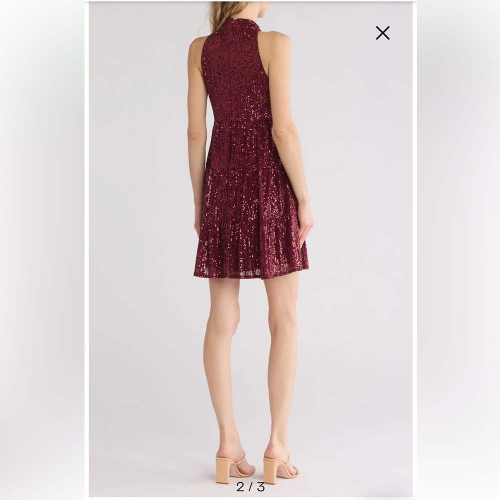 Eliza J Sequin Wine Halter Tiered Mock Neck Mini Dress size 4 - Picture 2 of 12